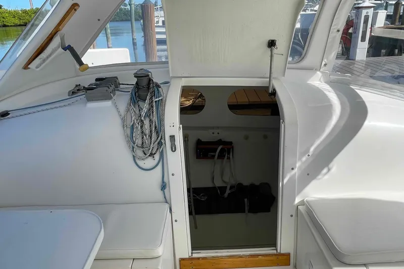 Slide: The Image of Winch and rope clutches on a 1998 Maine Cat Catamaran deck. - 61