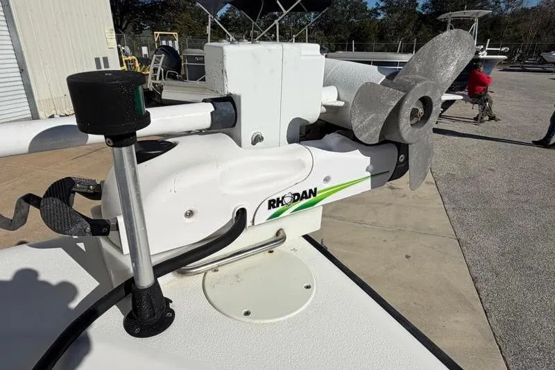 Slide: The Image of Rhodan trolling motor on 2016 Key West 230 Bay Reef boat, docked outdoors. - 22