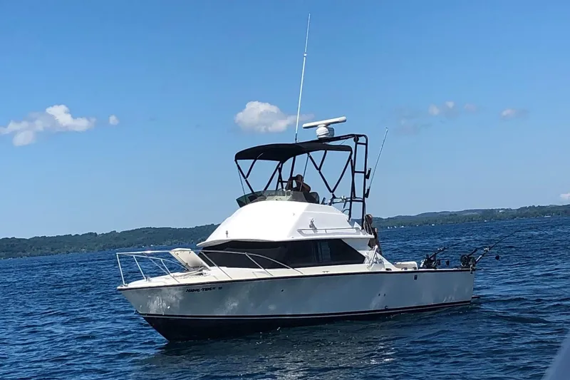 The Image of 1977 Bertram 28 Flybridge boat on a calm lake under a clear blue sky. - 0