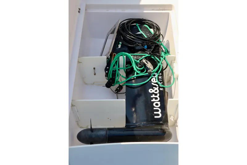 Slide: The Image of Outremer 51 (2017) boat equipment with "watt&sea" branding and green cables. - 121
