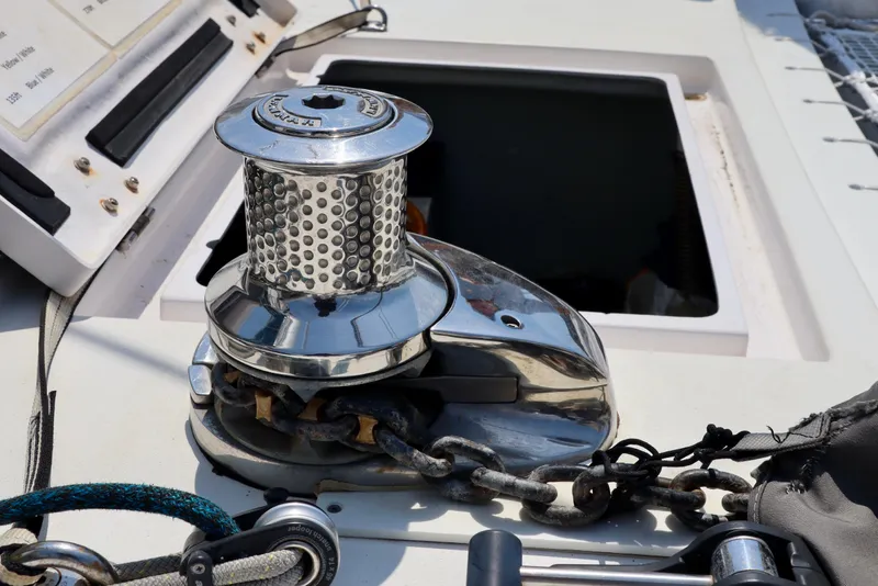Slide: The Image of Winch and chain on 2017 Outremer 51 yacht deck. - 128