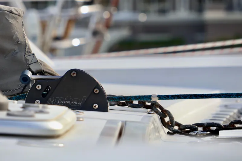 Slide: The Image of Close-up of 2017 Outremer 51 yacht deck with chain and grip mechanism. - 80