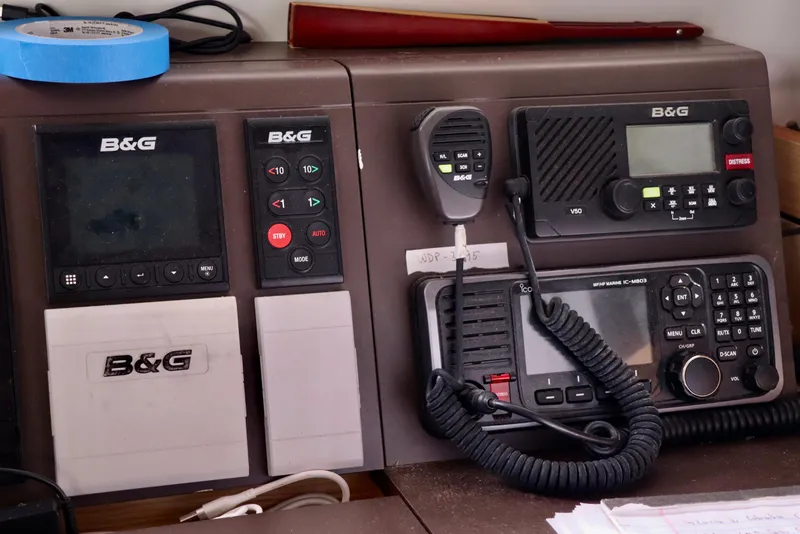 Slide: The Image of B&G marine electronics on 2017 Outremer 51 yacht dashboard, featuring communication and navigation devices. - 97