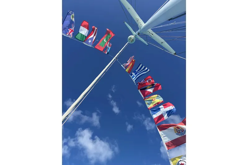 Slide: The Image of Sailboat mast with international flags against clear blue sky, Privilege 482, 1992 model. - 16