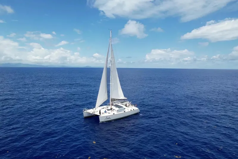 Slide: The Image of Sailing catamaran Privilege 482, 1992 model, cruising on open ocean under clear skies. - 2