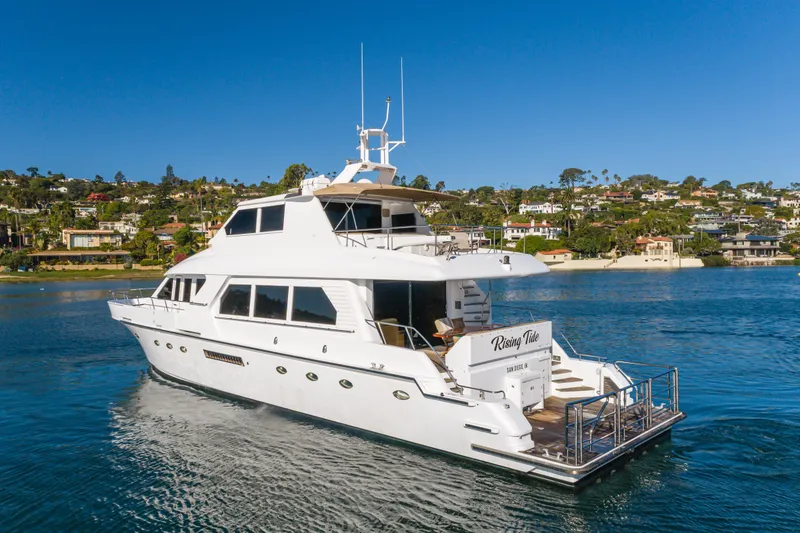 Slide: The Image of 1997 Forbes Cooper Pilothouse yacht cruising near scenic coastal homes. - 2