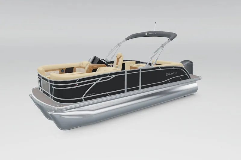 The Image of 2026 Godfrey Monaco 215 C pontoon boat with sleek black design and beige seating. - 0