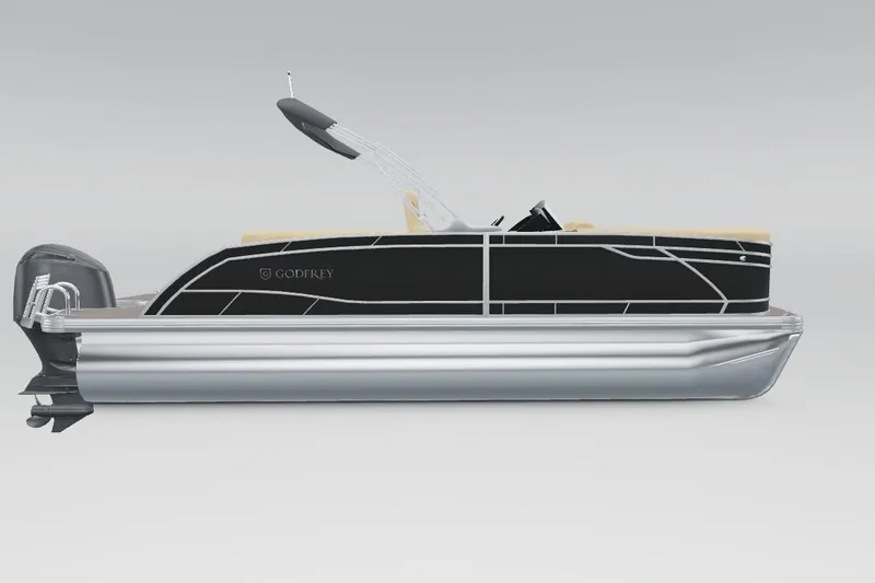 Slide: The Image of 2026 Godfrey Monaco 215 C pontoon boat interior with beige seating and Honda Marine signage. - 2