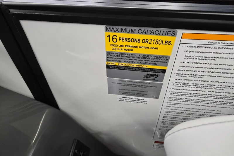 Slide: The Image of Capacity label on 2026 Godfrey Monaco 235 QSB, max 16 persons or 2180 lbs. - 19