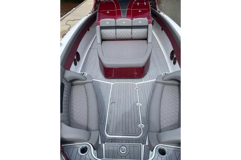 Slide: The Image of 2021 Mystic Powerboats M3800 interior with luxurious seating and sleek design. - 21
