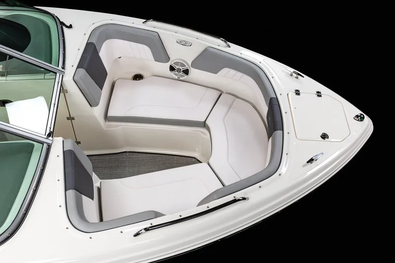 Slide: The Image of Manufacturer Provided Image: 2020 Chaparral 23 SSi boat bow seating area with white and gray upholstery. - 13