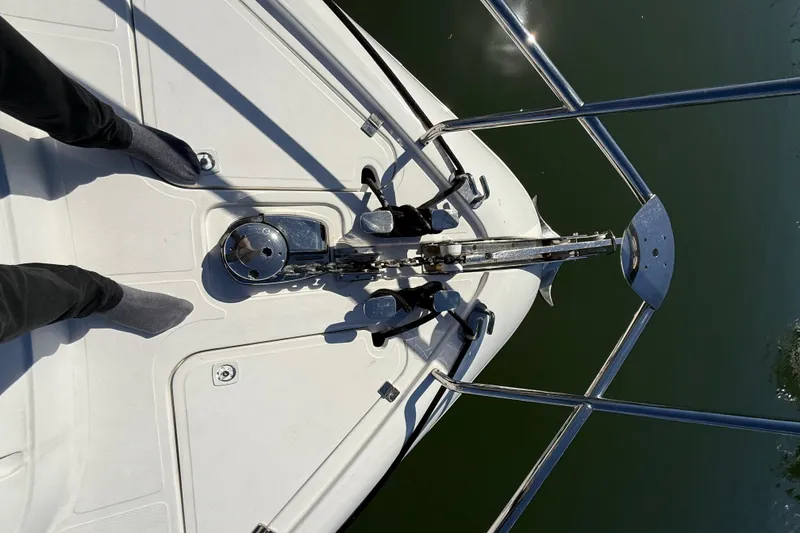 Slide: The Image of Bow of 2017 Schaefer 56 yacht with anchor mechanism and railing. - 43