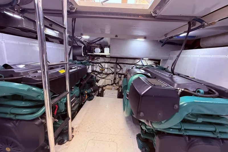 Slide: The Image of Engine room of 2017 Schaefer 56 yacht, featuring dual engines and clean layout. - 47