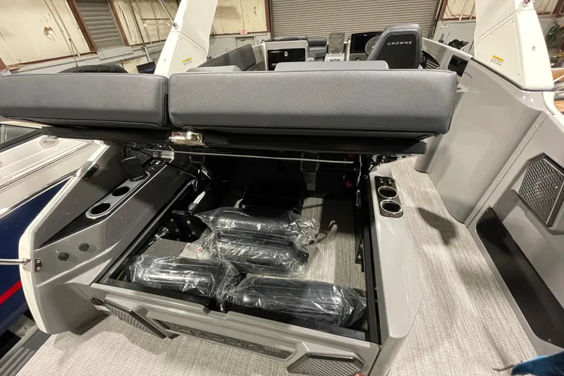 Slide: The Image of Luxurious interior of 2026 Harris Crowne 250 pontoon boat with sleek seating. - 30