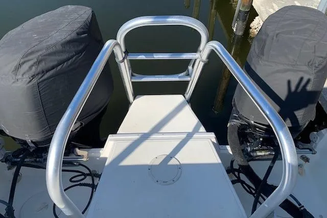 Slide: The Image of 2007 World Cat 250 DC boat with dual covered engines and rear access ladder. - 5