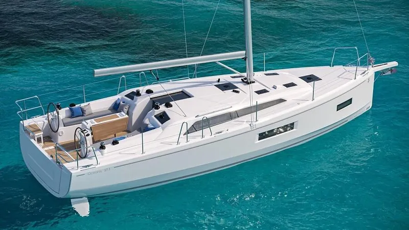 Slide: The Image of 2025 Beneteau Oceanis 37.1 sailboat on clear turquoise water. - 7