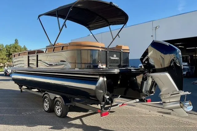 Slide: The Image of 2026 Regency 250DL pontoon boat with canopy and Mercury outboard motor. - 4