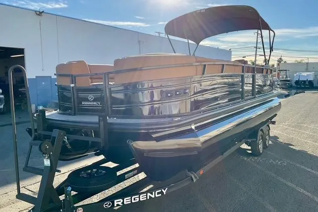 Slide: The Image of 2026 Regency 250DL pontoon boat on trailer, parked outdoors. - 5
