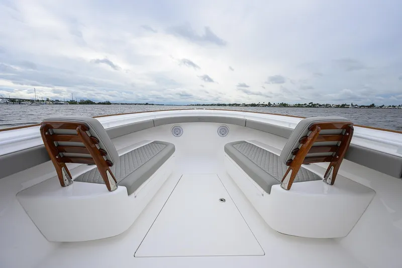Slide: The Image of 2024 Valhalla Boatworks V-41 interior with elegant seating and ocean view. - 14