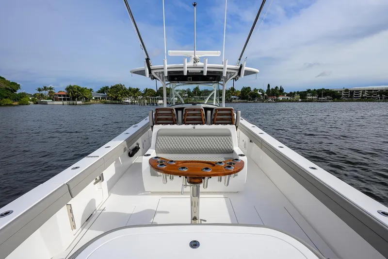Slide: The Image of 2024 Valhalla Boatworks V-41 on water, featuring spacious deck and seating. - 26