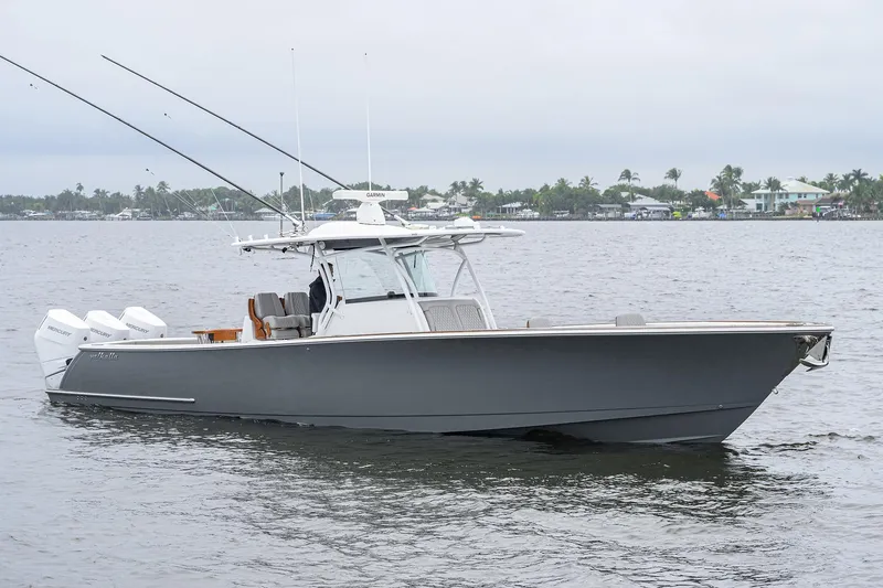 Slide: The Image of 2024 Valhalla Boatworks V-41 on water, featuring sleek design and powerful engines. - 3