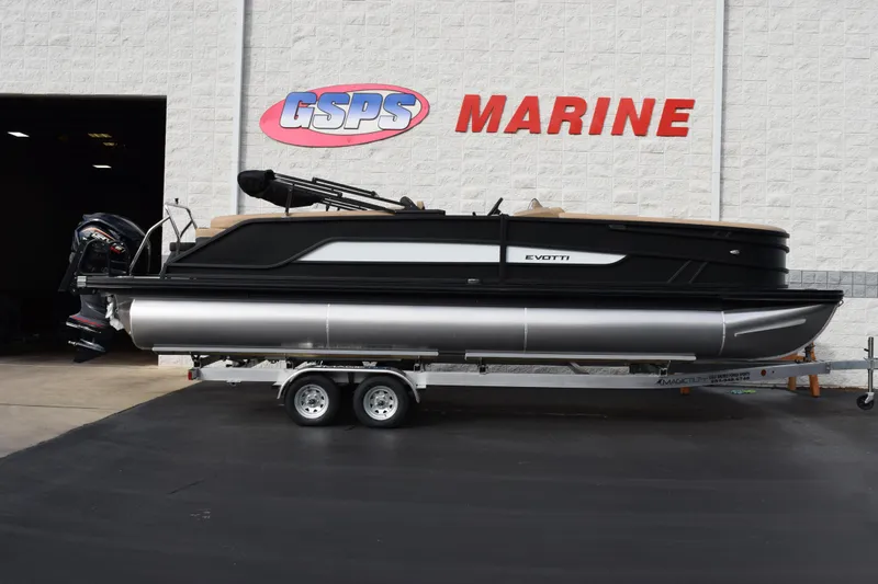 The Image of 2026 Evotti 525QL pontoon boat on trailer at GSPS Marine dealership. - 1