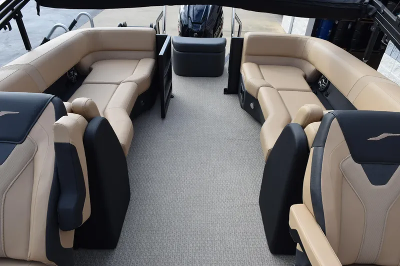 Slide: The Image of Luxurious interior of 2026 Evotti 525QL boat with beige and black seating. - 15
