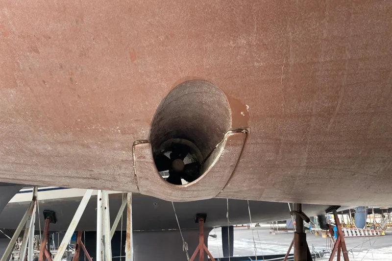 Slide: The Image of Propeller of 2014 Jeanneau Sun Odyssey 439 sailboat in dry dock. - 12