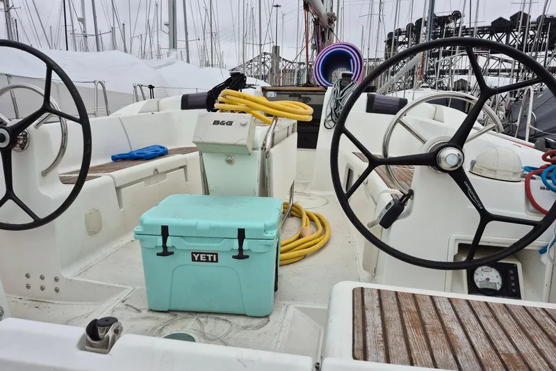 Slide: The Image of 2014 Jeanneau Sun Odyssey 439 sailboat, named Eclipse, stored outdoors in winter. - 6