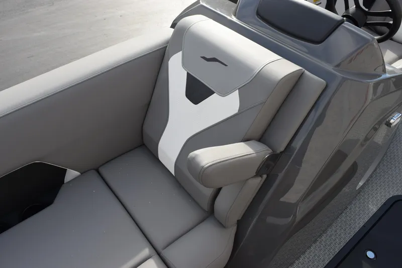 Slide: The Image of Luxurious seating in the 2026 Evotti 523CS boat, featuring sleek gray and white upholstery. - 19