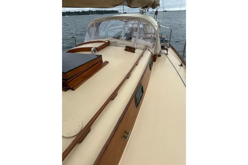 Slide: The Image of 1962 Ted Hood Little Harbor 40 Yawl sailboat deck view on the water. - 28