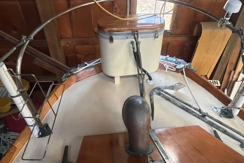 Slide: The Image of 1962 Ted Hood Little Harbor 40 Yawl cockpit with vintage steering and equipment. - 41