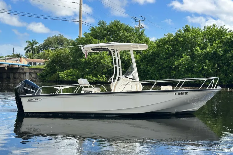 The Image of 2022 Boston Whaler 210 Montauk boat on calm water, surrounded by lush greenery. - 0