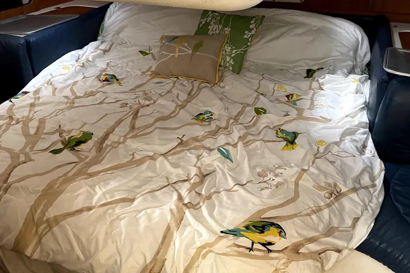 Slide: The Image of Cozy bed in 2001 Catalina 380 yacht with bird-themed bedding and decorative pillows. - 12
