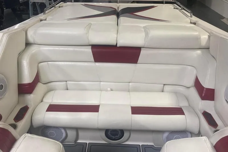 Slide: The Image of 2004 Fountain 38 Lightning boat interior with white and red leather seating. - 10