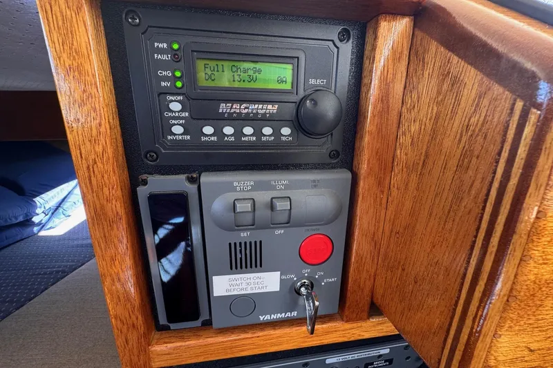 Slide: The Image of Control panel of a 1972 Gandy Flybridge boat with power and charge indicators. - 25