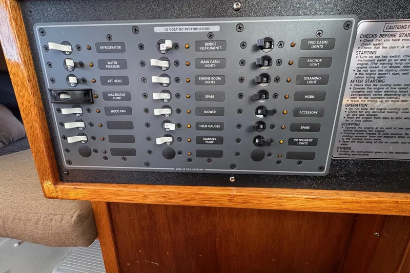 Slide: The Image of Electrical panel of a 1972 Gandy Flybridge boat with labeled switches and controls. - 26