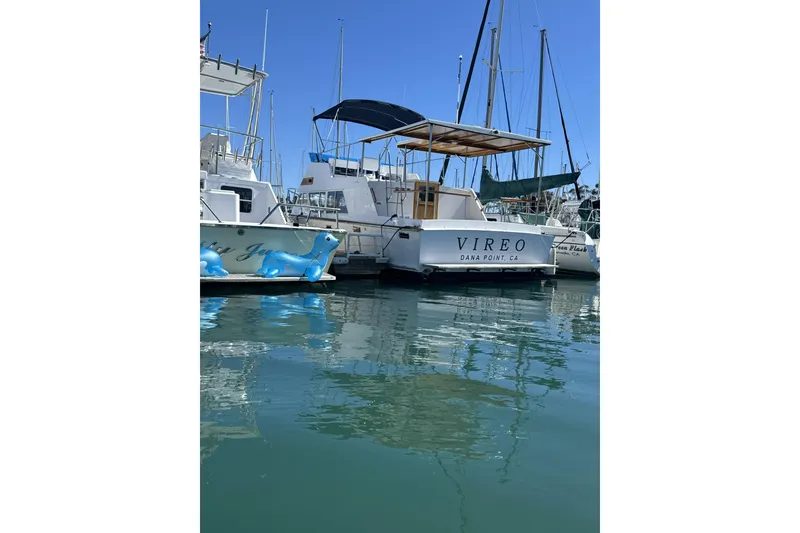 Slide: The Image of 1972 Gandy Flybridge boat docked at marina, with inflatable blue sea creature. - 3