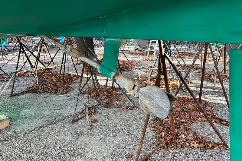 Slide: The Image of Propeller and rudder of a 1999 Catalina 42 MkII sailboat on stands. - 27