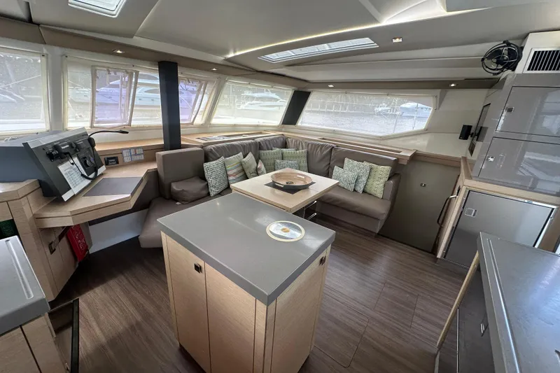 Slide: The Image of Luxurious interior of 2019 Fountaine Pajot 47 catamaran with modern furnishings and spacious layout. - 24