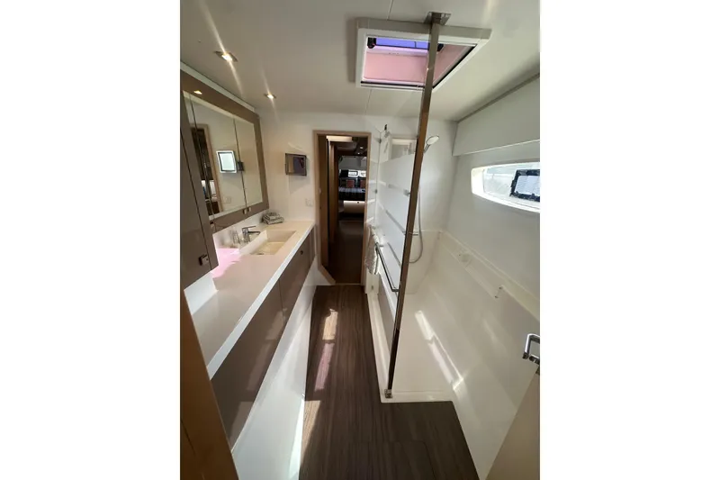 Slide: The Image of Luxurious interior of 2019 Fountaine Pajot 47 yacht bathroom with modern fixtures. - 50