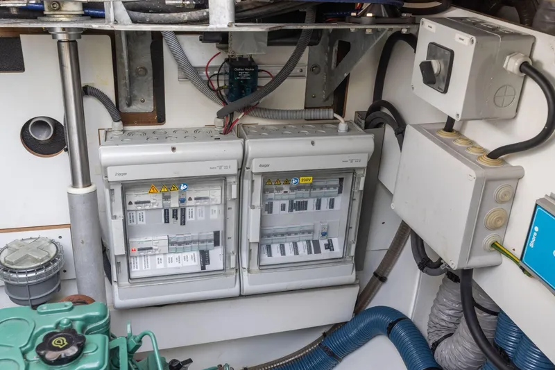Slide: The Image of Electrical panel and wiring inside a 2019 Fountaine Pajot 47 catamaran. - 69