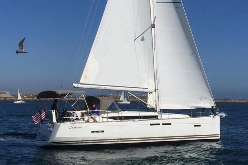 The Image of 2015 Jeanneau Sun Odyssey 409 sailing with American flag, seagull flying nearby. - 0