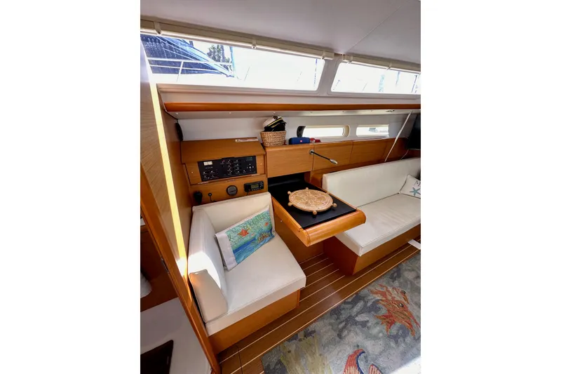 Slide: The Image of Interior of 2015 Jeanneau Sun Odyssey 409 sailboat with seating and navigation area. - 58