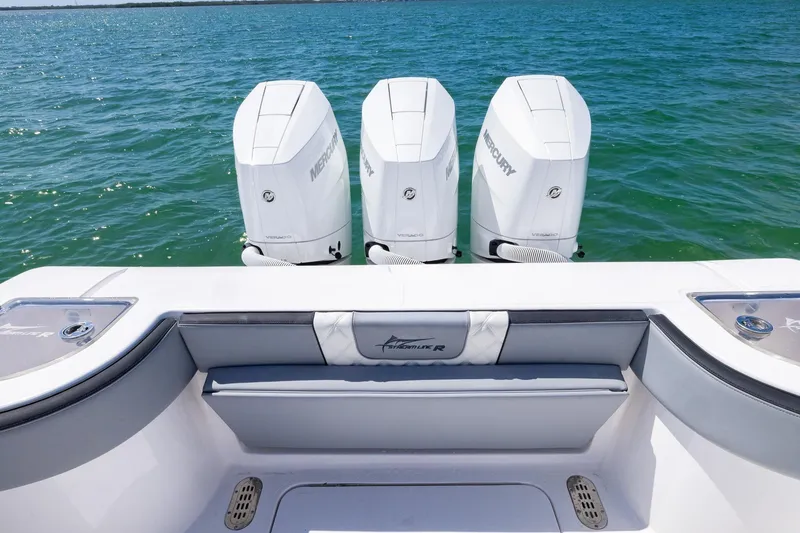 Slide: The Image of Streamline R 35 boat with triple Mercury engines on open water, 2025 model. - 27