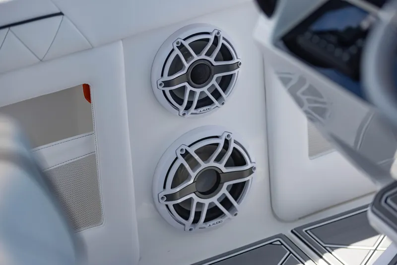 Slide: The Image of 2024 Deep Impact 399 Sport boat speakers, featuring sleek white design and modern audio technology. - 76