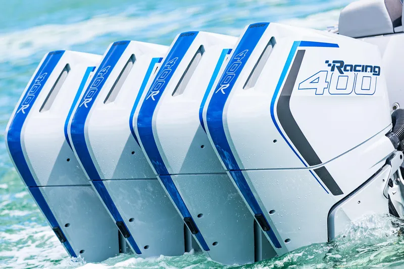 Slide: The Image of Quad Mercury Racing 400R outboard engines on Deep Impact 399 Sport boat, 2023 model. - 17