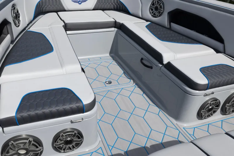 Slide: The Image of Luxurious interior of 2023 Deep Impact 399 Sport boat with stylish seating and speakers. - 27