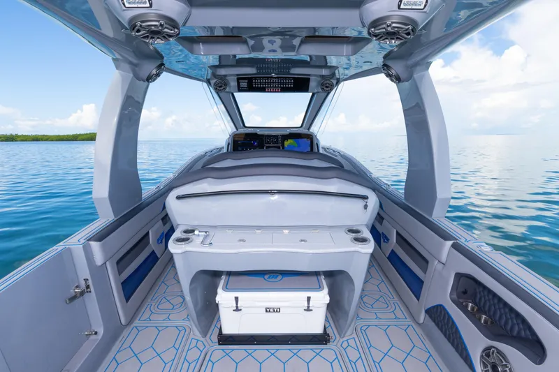 Slide: The Image of 2023 Deep Impact 399 Sport boat interior with modern design and ocean view. - 44