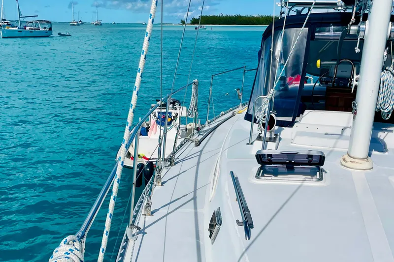 Slide: The Image of Deck of 1986 Gulfstar Hirsch 45 sailboat with winch and ropes at dock. - 6